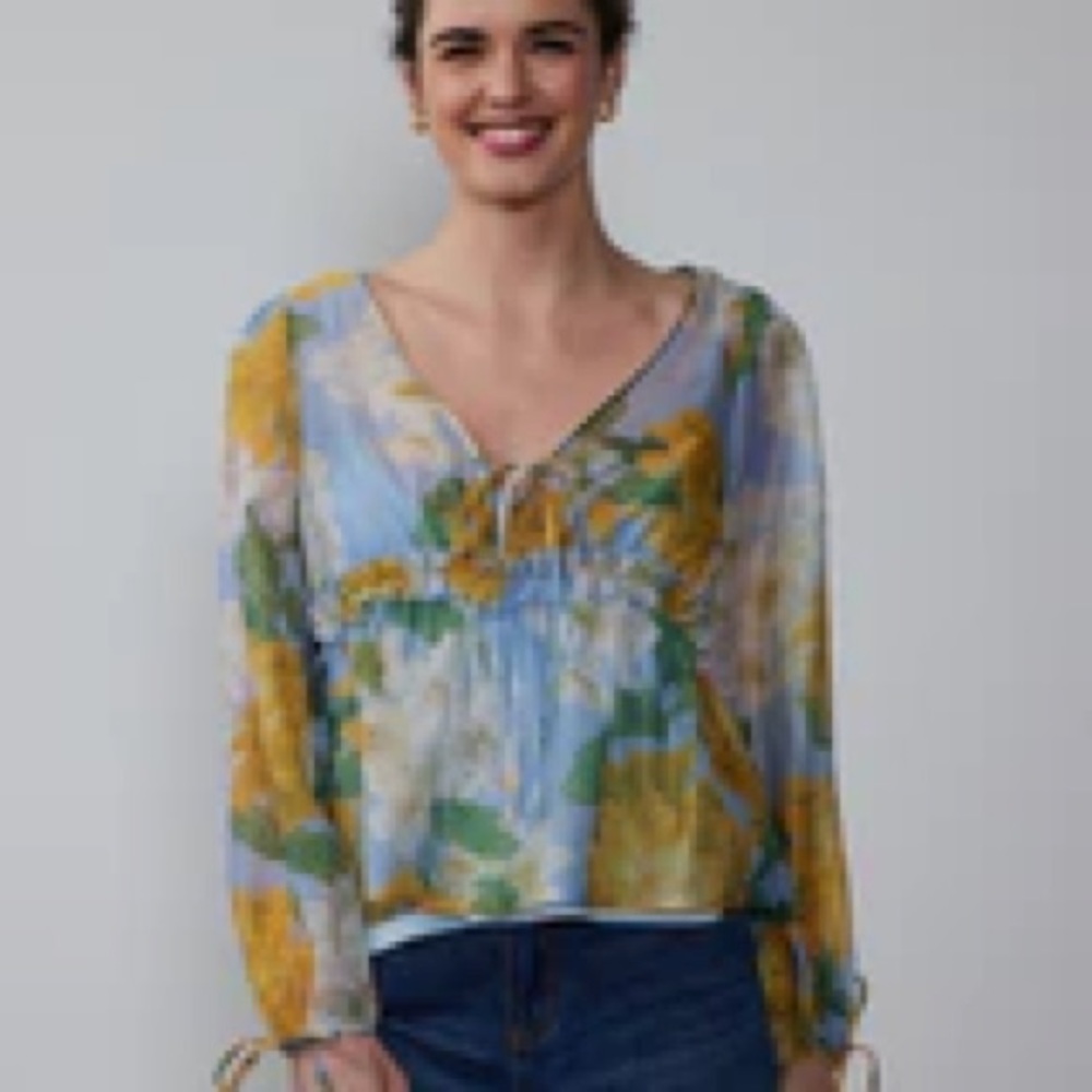 New York & Company Blue & Gold Floral Babydoll Boho Peasant Blouse Chiffon Gauze